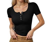 T-Shirts à Manches Courtes Femme Col en V- T Shirt Moulant Sexy Slim Couleur Unie Classique avec Boutons Simple Haut Comfortable Tendance Élégants Streetwear De Tous Les Jours Passe-Partout Top
