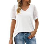 t-Shirts à Manches Courtes Femme col v Haut Femme Sexy Transparent Top Femme Chic et élégant ete Tee Shirt Femme Ample Fluide uni t Shirt Long Femme Casual Blouse Bureau Business (White, XL)