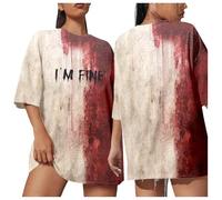 T-Shirts à Manches Courtes Femme Imprimé Sanglant, Deguisement Halloween Femme Col Rond Confortable Coupe Ample Horreur Haut Décontracté Chic Polyvalent Top pour Carnaval Streetwear Bloody Pullover