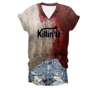 T-Shirts à Manches Courtes Femme Imprimé Sanglant, Deguisement Halloween Femme Col V Coupe Ample Classiques Horreur Haut Chic Décontracté Confortable Bloody Top Polyvalent Carnaval Blood Streetwear