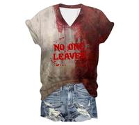 T-Shirts à Manches Courtes Femme Imprimé Sanglant, Deguisement Halloween Femme Col V Coupe Ample Classiques Horreur Haut Chic Décontracté Confortable Bloody Top Polyvalent Carnaval Blood Streetwear