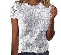 T-Shirts à Manches Courtes Femme Sexy- Haut Dentelle Col Rond Crochet Double Épaisseur Ample Couleur Unie Top Décontracté Tendance Été Élégants Chemise Slim Banquet Blouse Chic Tunique
