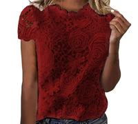 T-Shirts à Manches Courtes Femme Sexy- Haut Dentelle Col Rond Crochet Double Épaisseur Ample Couleur Unie Top Décontracté Tendance Été Élégants Chemise Slim Banquet Blouse Chic Tunique