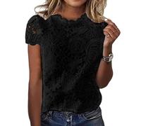 T-Shirts à Manches Courtes Femme Sexy- Haut Dentelle Col Rond Crochet Double Épaisseur Ample Couleur Unie Top Décontracté Tendance Été Élégants Chemise Slim Banquet Blouse Chic Tunique