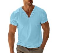 T-Shirts à Manches Courtes Homme Col en V, Blouse De Travail Homme Slim Couleur Unie avec Bouton Décontractées Regular Fit Haut De Tous Les Jours Top Ample Doux Comfortable Respirante