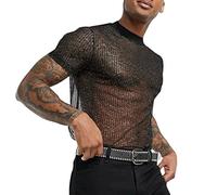 T-Shirts à Manches Courtes Homme Col Rond, Haut Sexy Homme Engrener Moulant Brillant Comfortable Respirante Slim Chic Vintage Transparents Tempérament Streetwear Top pour CLUP Disco Party