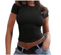 T-Shirts à Manches Courtes pour Femmes Crop Tops Sexy Slim Fit Col Rond Couleur Unie Décontracté y2k Moulant Sport Chemises Mode Style Streetwear Blouse Chic Élégant Hauts Fins Pas Cher Casual
