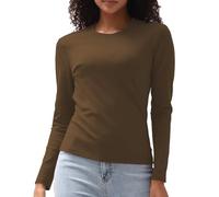T-shirts à manches longues en coton pour femme, coupe ajustée, hauts basiques serrés à col ras du cou, sous-vêtements superposés, marron, Taille M
