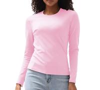 T-shirts à manches longues en coton pour femme, coupe ajustée, hauts basiques serrés à col ras du cou, sous-vêtements superposés, rose clair, Taille M