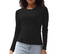 T-shirts à manches longues en coton pour femme, coupe ajustée, hauts basiques serrés à col ras du cou, sous-vêtements superposés, noir, Taille M