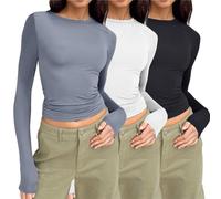 T-Shirts à Manches Longues Femme 3-Pack Basique Hauts Classics Col Rond T-Shirt Décontracté Coton Chic Couleur Unie Sport Tee Hauts yk2 Quotidien Tops Tunique pour Adolescentes