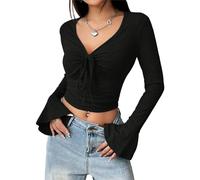 T-Shirts à Manches Longues Femme Col en V Sexy Haut Y2k Top Manches Évasées Mince Décontracté Coupe Ajustée Stretch Tee Shirt Casual Chemise Automne