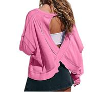 T-Shirts à Manches Longues Femme Haut Couleur Unie Dos Croisé Creux Design Col Rond Tee Shirts Décontractées Vêtement Chic Sport Fitness Sweat-Shirt Coupe Ample Top D’entraînement Port Quotidien