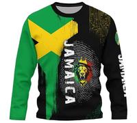 T-shirts à Manches Longues Homme Col Rond - Imprimé Vieilli Drapeau Jamaïcain, Lion Couronné et Texte "Jamaica" sur Tissu Respirant - Style Reggae et Patriotique pour Quotidien, Streetwear ou Festival