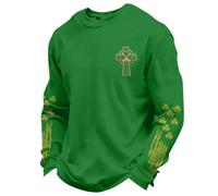 T-Shirts à Manches Longues Homme Vert en Waffle pour Saint Patrick - Tee Shirt Humour avec Imprimé Croix Celtique pour 17 Mars, T Shirt St Patrick Irlande, Pull Col Rond, Haut de Sport Décontracté
