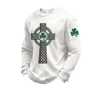 T-Shirts à Manches Longues Homme Vert en Waffle pour Saint Patrick - Tee Shirt Humour avec Imprimé Croix Celtique pour 17 Mars, T Shirt St Patrick Irlande Col Rond, Haut Festif Décontracté pour Sport