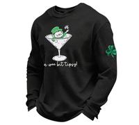 T-Shirts à Manches Longues Homme Vert en Waffle pour Saint Patrick - Tee Shirt Humour avec Imprimé Lutin et Verre à Cocktail pour 17 Mars, T Shirt St Patrick Irlande, Pull Col Rond, Haut Décontracté
