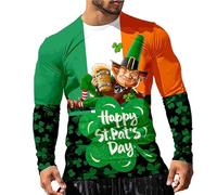 T-Shirts à Manches Longues Homme Vert pour Saint Patrick - Tee Shirt Humour avec Imprimé Chat, Blazer ou Lutin pour 17 Mars, T Shirt St Patrick Irlande Col Rond, Haut Festif et Décontracté pour Sport