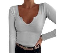 T-Shirts à Manches Longues pour Femmes,Col en V Top Y2k Femme,Couleur Unie Fitting Basic Slim Fit Y2k,Top Manches Longues Femme (FR/ES, Alpha/Lettres, L, Taille Normale, Taille Normale, Gris)