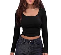 T-Shirts à Manches Longues pour Femmes,Couleur Unie Fitting Basic Slim Fit Y2k,Crop Top Manche Longue Femme (FR/ES, Alpha/Lettres, TG, Taille Normale, Taille Normale, Noir)