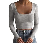 T-Shirts à Manches Longues pour Femmes Crop Tops Décontracté Col carré Couleur Unie Fitting Basic Slim Fit Y2K Cropped Shirt Sexy Col en U Scoop Neck Haut