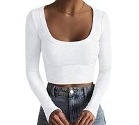 T-Shirts à Manches Longues pour Femmes Crop Tops Décontracté Col carré Couleur Unie Fitting Basic Slim Fit Y2K Cropped Shirt Sexy Col en U Scoop Neck Haut