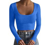 T-Shirts à Manches Longues pour Femmes Crop Tops Décontracté Col carré Couleur Unie Fitting Basic Slim Fit Y2K Cropped Shirt Sexy Col en U Scoop Neck Haut