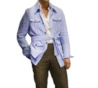 T-shirts à poches pour homme - Chemise rayée à manches longues - T-shirts cargo avec ceinture - Hauts habillés de grande taille, Chemises bleues avec double poches, M