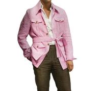 T-shirts à poches pour homme - Chemise rayée à manches longues - T-shirts cargo avec ceinture - Hauts habillés de grande taille, Chemises roses avec double poches, XL