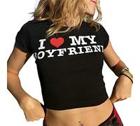 T-shirts ajustés pour femme graphiques Y2k hauts courts t-shirt à manches courtes I Love My Boy Friend imprimé lettres vêtements esthétiques pour adolescente, Noir , L