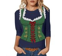 T-shirts bavarois d'Oktoberfest femme - Dirndl Chemisier traditionnel pour femme - Déguisement amusant imprimé - Haut de fête à manches sept-quarts et col rond - Vêtements d'été confortables