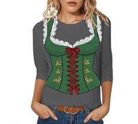 T-shirts bavarois d'Oktoberfest femme - Dirndl Chemisier traditionnel pour femme - Déguisement amusant imprimé - Haut de fête à manches sept-quarts et col rond - Vêtements d'été confortables