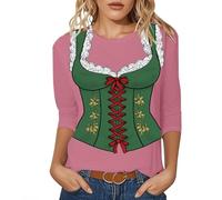 T-shirts bavarois d'Oktoberfest femme - Dirndl Chemisier traditionnel pour femme - Déguisement amusant imprimé - Haut de fête à manches sept-quarts et col rond - Vêtements d'été confortables