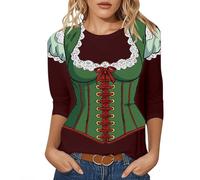 T-shirts bavarois d'Oktoberfest femme - Dirndl Chemisier traditionnel pour femme - Déguisement imprimé Oktoberfest - Haut de fête à manches sept-quarts et col rond - Tenue confortable et décontracté