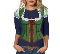 T-shirts bavarois d'Oktoberfest femme - Dirndl Chemisier traditionnel pour femme - Déguisement imprimé Oktoberfest - Haut de fête à manches sept-quarts et col rond - Tenue confortable et décontracté