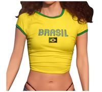 T-shirts Brasil 2025 pour femmes à manches courtes pour le sport, les sorties, coupe ample, t-shirt de printemps décontracté, mignon, col rond, vintage, T-shirts d'été courts tendance rétro, a, M