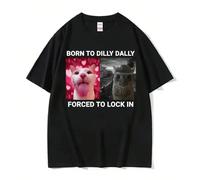 T-shirts de mode vintage "Né pour traîner Forcé de se concentrer Mème de chat amusant" pour hommes et femmes, T-shirts décontractés à manches courtes en 100% coton. L,M,S,XL,XXL,XXXLTissu tricoté