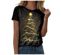 T-Shirts de Noël pour Femme Xmas Graphiques Chemise Léger Confortable Christmas Themed Top à Manches Courtes Noël Xmas Col en Rond Tee Shirts Doux et Décontracté Teeshirt Top Chemise (Gold-C, M)