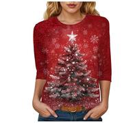 T-Shirts De Noël pour Femmes, Top Women Vogue Manche 3/4 Noel T Shirt Grande Taille Training Bouffant T-Shirt Femme Imprimée Comfy Col Mode Chic Doux Chemisier Hauts Tee Shirt De Noel Femme