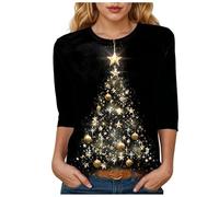 T-Shirts De Noël pour Femmes, Top Women Vogue Manche 3/4 Noel T Shirt Grande Taille Training Bouffant T-Shirt Femme Imprimée Comfy Col Mode Chic Doux Chemisier Hauts Tee Shirt De Noel Femme