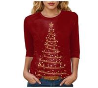 T-Shirts De Noël pour Femmes, Top Women Vogue Manche 3/4 Noel T Shirt Grande Taille Training Bouffant T-Shirt Femme Imprimée Comfy Col Mode Chic Doux Chemisier Hauts Tee Shirt De Noel Femme