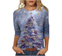 T-shirts de Noël pour femmes UK manches longues pull de Noël pour femme imprimé sapin de Noël étincelant haut manches 3/4 haut col rond pull de Noël pour femme, Chemises de Noël bleu foncé pour femmes