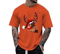 T-shirts de Noël pour hommes UK Automne Tee-shirt de Père Noël Léger Renne Col Rond Tunique Hauts Moche Dessin Animé Col Ras du Cou Streetwear, Orange, XL