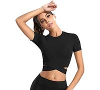 T-Shirts de Sport pour Femme Manche Longues Croisé Haut Court avec Trous pour Les Pouces Tee Shirt de Yoga pour Pilate Entraînement Fiteness Running
