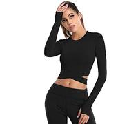 T-Shirts de Sport pour Femme Manche Longues Croisé Haut Court avec Trous pour Les Pouces Tee Shirt de Yoga pour Pilate Entraînement Fiteness Running