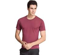 T-Shirts Décontractés 100% Soie Véritable pour Hommes Tee Manches Courtes Col Rond, Wine Red, L
