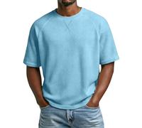 T-shirts décontractés en tricot gaufré à manches courtes raglan pour homme, bleu clair, L