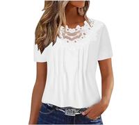 T-Shirts Dentelle Patchwork Col V Tee Shirt à Manches Courtes Femme Été Plissé Couleur Unie Chemisier Femme pour Tenues Quotidiennes Blouse de Travail Vêtements Tunique Casual Loose Coupe Ample