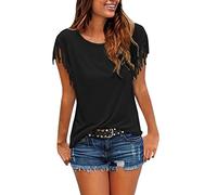 T-shirts d'été décontractés à franges pour femme - Col rond - Manches courtes - Tunique surdimensionnée - Tenue de concert de cowgirl, Noir , XL