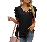 T-Shirts d'été Femme Manche Courtes Col en V T-Shirt lâche Basique Élégant Manche Gigot Tee Shirt Hauts Couleur Unie Tunique Chic Décontracté Loose Top Casual Mode Tops
